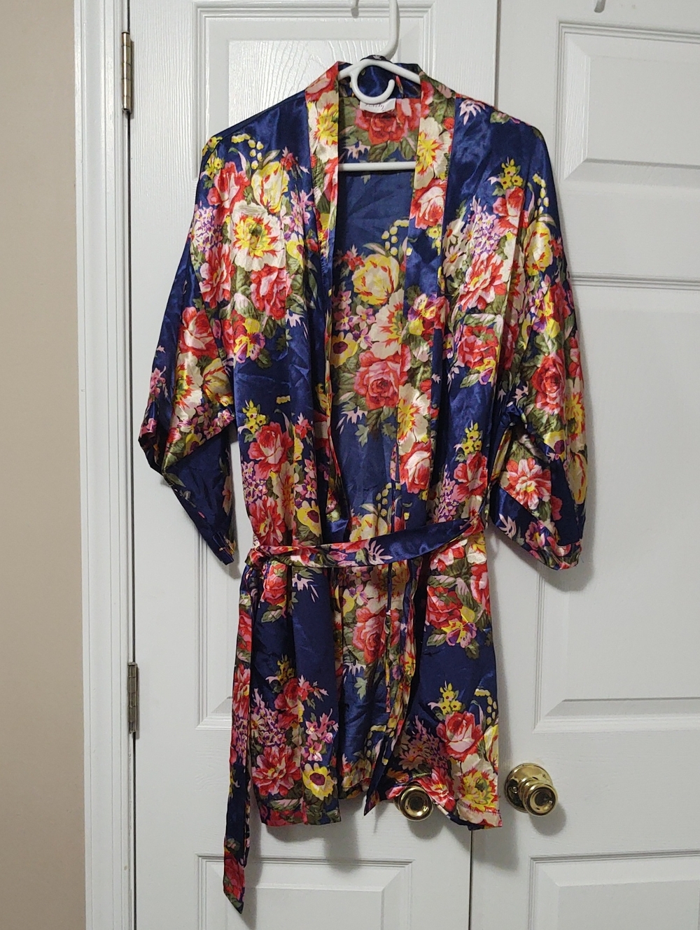 Women's Floral Satin Robe - Navy Blue